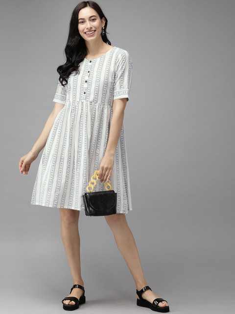 

Anouk Women White & Grey Printed A-Line Dress with Gathers