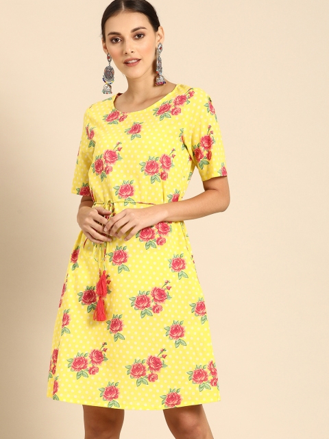 

Anouk Women Yellow Printed A-Line Pure Cotton Dress