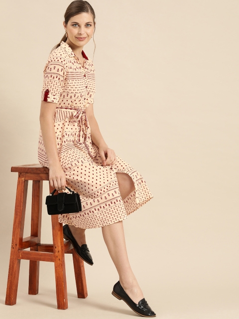 

Anouk Women Beige Ethnic Print Pure Cotton Shirt Dress