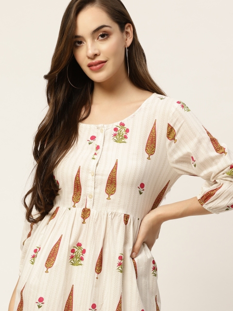 

Anouk White & Pink Cotton Ethnic Print A-Line Dress