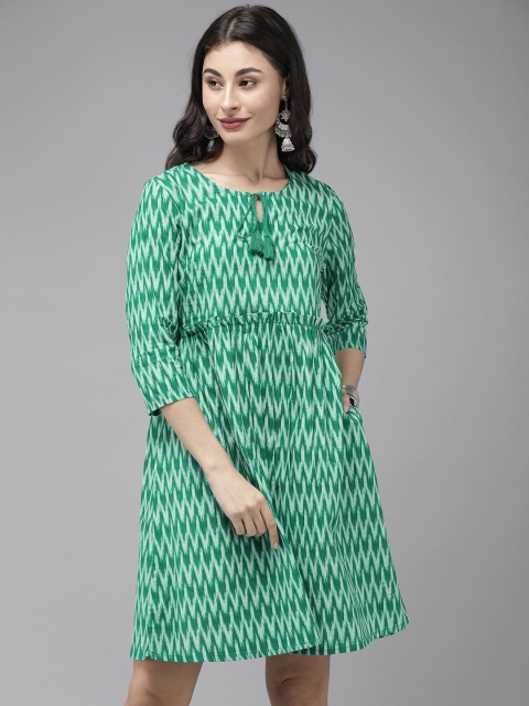 

Anouk Women Green Ikat Printed A-Line Dress