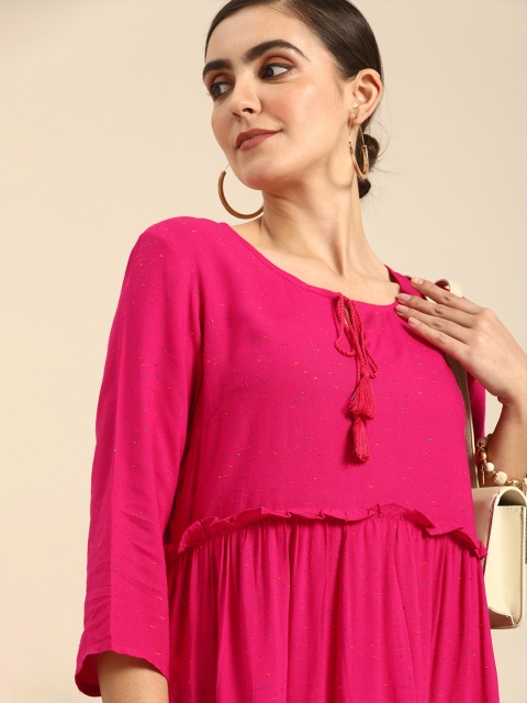 

Anouk Women Pink Speckled Self Design Fit and Flare Dress with Gathers