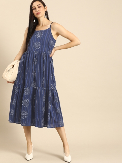 

Anouk Women Blue & White Printed Fit and Flare Dress