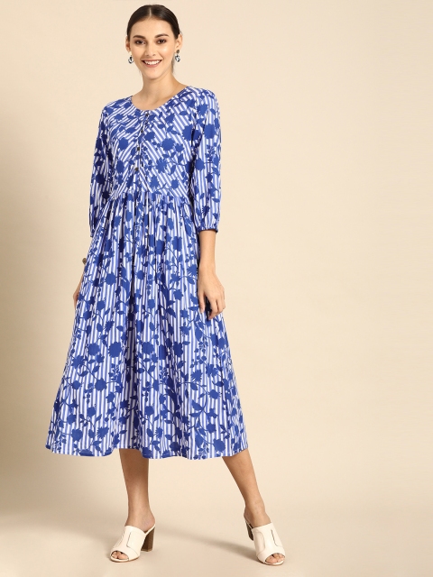 

Anouk Women Blue Striped A-Line Dress With Styled Back