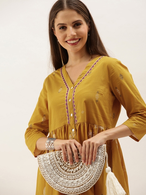 

Anouk Mustard Yellow & White Conversational Print A-Line Midi Dress