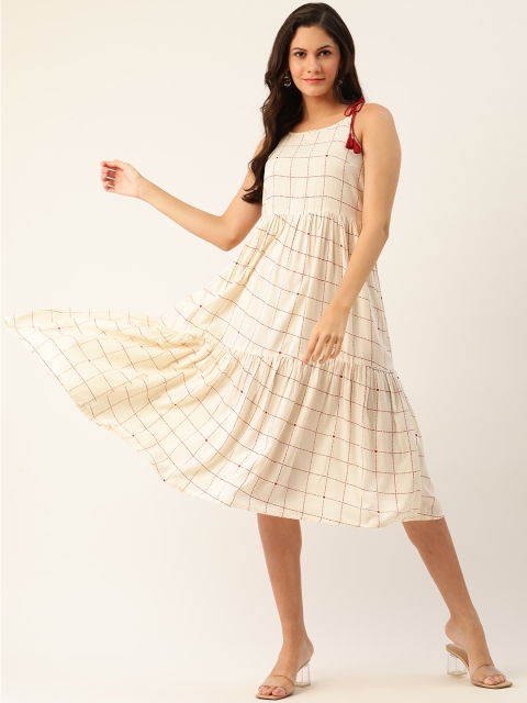 

Anouk Women Off-White & Maroon Checked Sustainable A-Line Dress With Tie-Ups