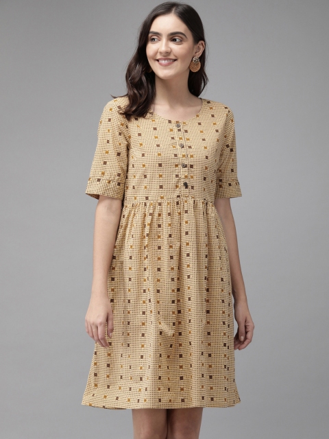 

Anouk Women Beige & Brown Printed A-Line Dress with Gathers