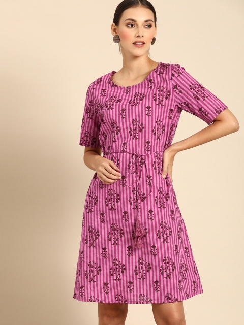 

Anouk Women Purple Printed A-Line Pure Cotton Dress