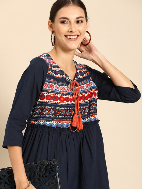 

Anouk Women Navy Blue Printed Fit and Flare Dress