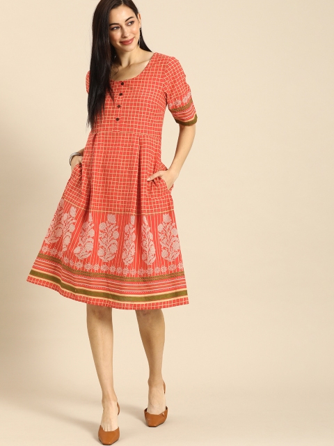 

Anouk Women Peach-Coloured & White Checked Fit and Flare Dress