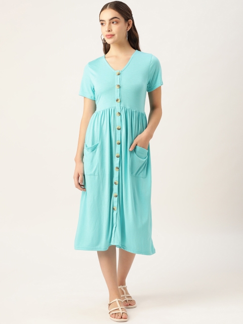 

Anouk Women Turquoise Blue Solid Gathered A-Line Knitted Kurta