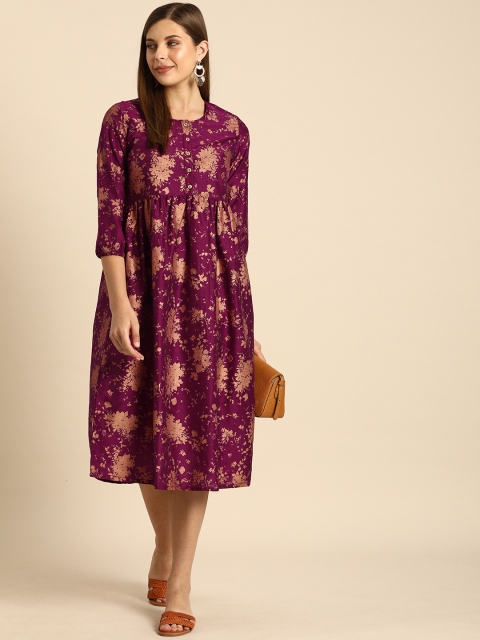

Anouk Women Fuchsia & Gold-Toned Printed Fit and Flare Dress