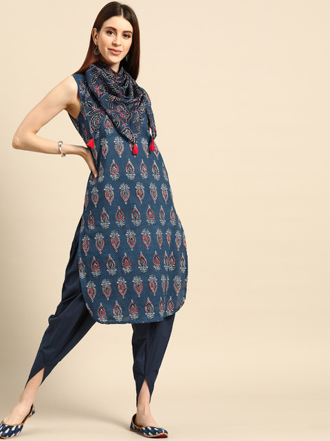 

Anouk Women Navy Blue & Red Printed Kurta with Dhoti Pants & Stole