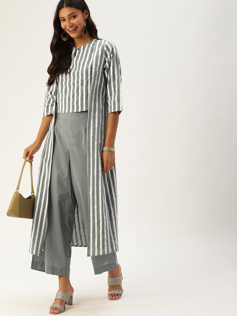 

Anouk Women Grey & White Striped Top with Palazzos & Shrug