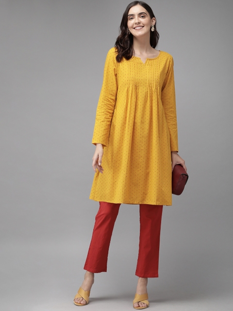 

Anouk Women Mustard Yellow & Red Polka Dot Printed Pleated Kurta with Trousers