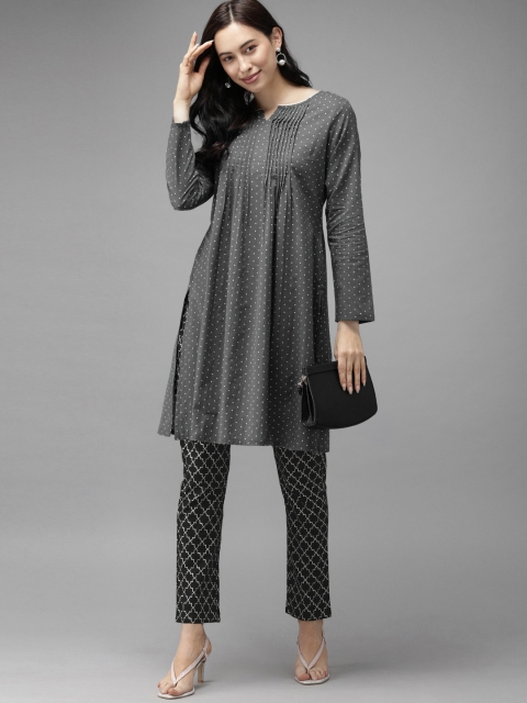 

Anouk Women Grey & Black Polka Dot Printed Pleated Kurta with Trousers