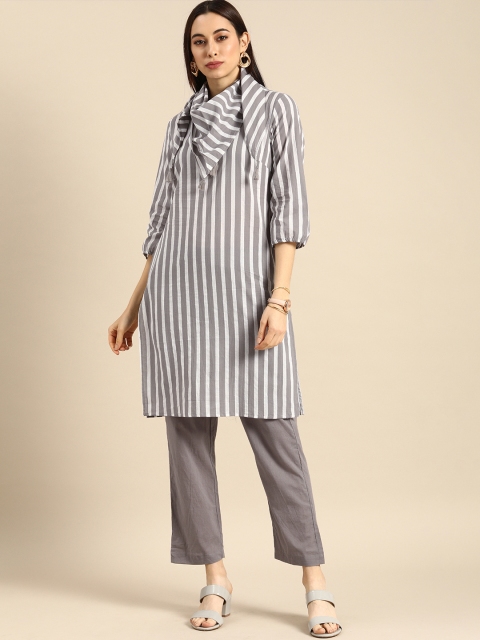 

Anouk Women White & Grey Striped Kurta with Trousers & Stole