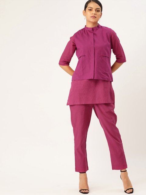 

Anouk Women Magenta Pure Cotton Woven Design Kurta with Solid Trousers & Nehru Jacket