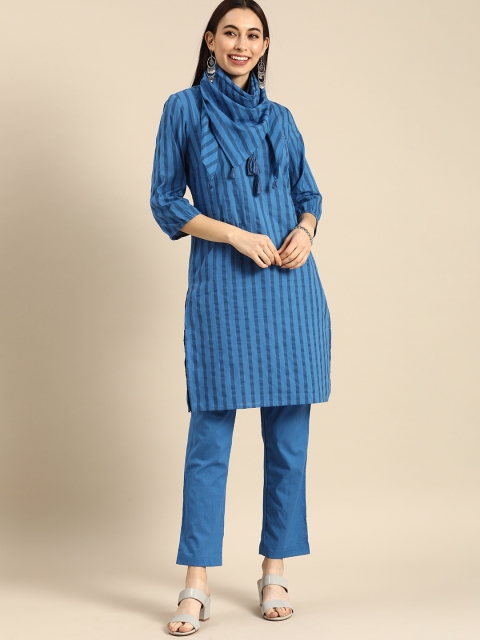 

Anouk Women Blue Striped Kurta with Trousers & Stole