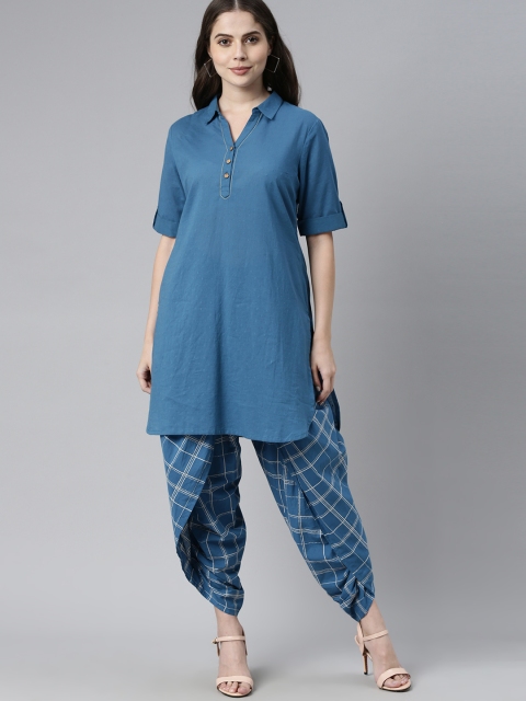 

Anouk Women Teal Blue Self Design Kurta with Dhoti Pants