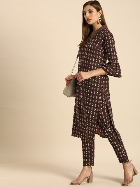 

Anouk Women Brown & White Printed Kurta with Trousers