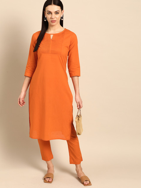 

Anouk Women Rust Orange Solid Pure Cotton Kurta with Trousers