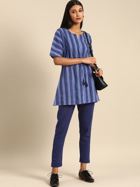 

Anouk Women Navy Blue Striped Kurta with Trousers