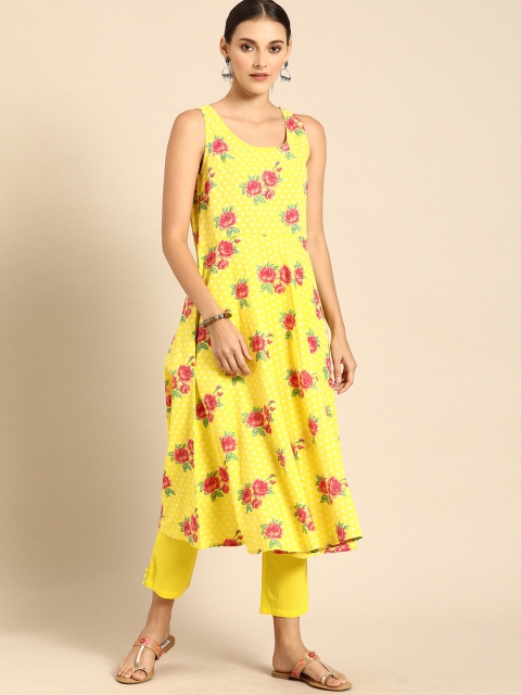 

Anouk Women Yellow & Pink Printed Pure Cotton Kurta with Trousers