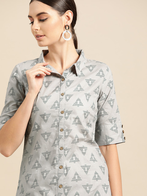 

Anouk Women Grey & Black Geometric Print Pure Cotton Kurta with Palazzos