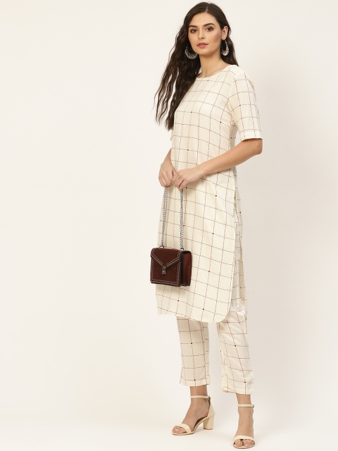 

Anouk Women Off White & Maroon Regular Straight Pure Cotton Kurta & Trousers