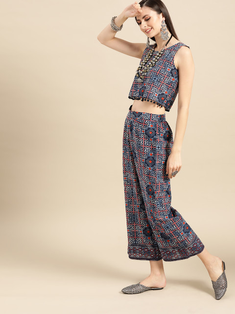 

Anouk Women Navy Blue & White Printed Top with Palazzos & Jacket