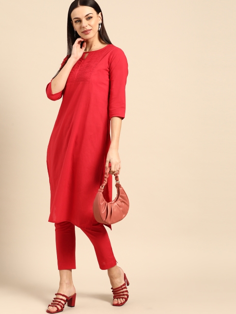 

Anouk Women Red Solid Pure Cotton Kurta with Trousers