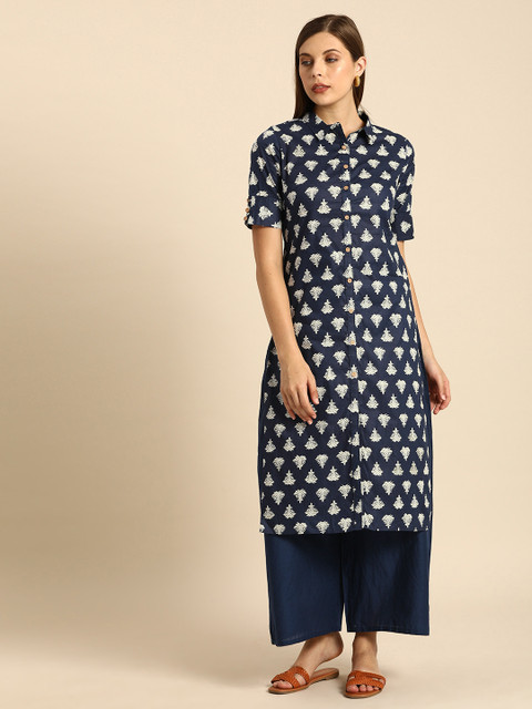

Anouk Women Navy Blue & Off-White Printed Kurta with Palazzos