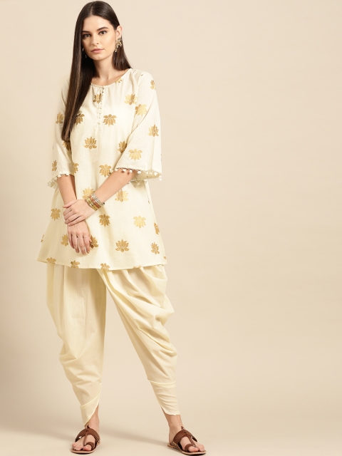 

Anouk Women Cream-Coloured Ethnic Motifs Regular Pure Cotton Kurti with Dhoti Pants