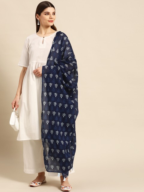 

Anouk Women White & Navy Blue Solid Pure Cotton Kurta with Palazzos & Dupatta