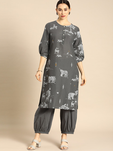 

Anouk Women Charcoal Grey & White Striped & Ethnic Motifs Print Kurta with Afgan Salwar