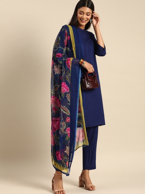 

Anouk Women Navy Blue Solid Kurta with Trousers & Dupatta
