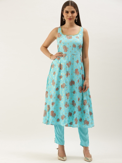 

Anouk Women Turquoise Blue & Gold Printed Anarkali Kurta Sets