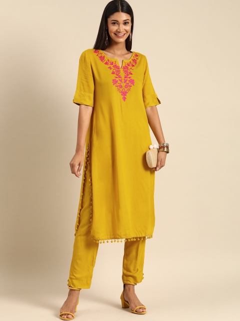 

Anouk Women Mustard Yellow Yoke Design Kurta with Trousers