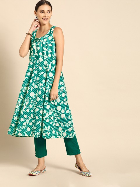 

Anouk Women Green & White Floral Printed Kurta with Trousers