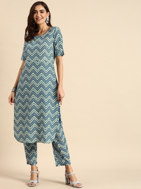 

Anouk Women Blue & Off-White Printed Kurta with Trousers