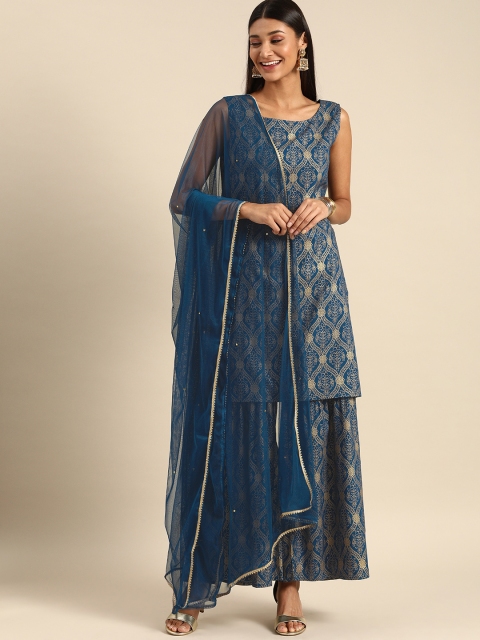 

Anouk Women Teal Blue & Mustard Printed Kurta with Palazzos & Dupatta