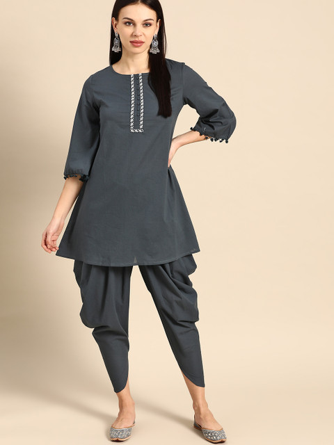 

Anouk Women Charcoal Grey Yoke Design Pure Cotton Kurta with Dhoti Pants