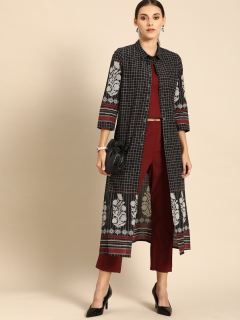 

Anouk Women Black & Maroon Checked Kurta with Trousers