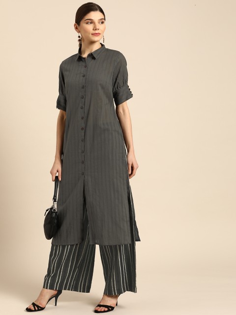 

Anouk Women Black & Grey Self Design Kurta with Trousers