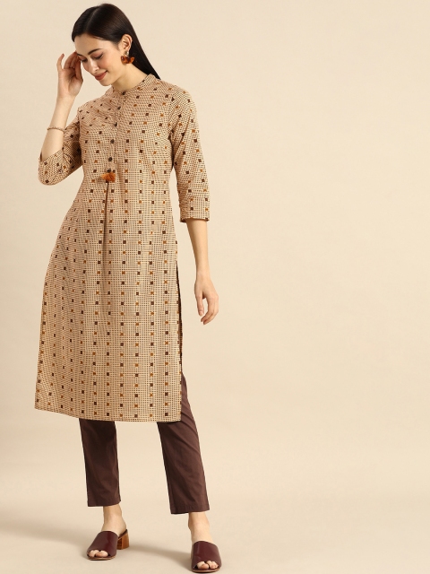 

Anouk Women Beige & Brown Polka Dot Printed Kurta with Trousers