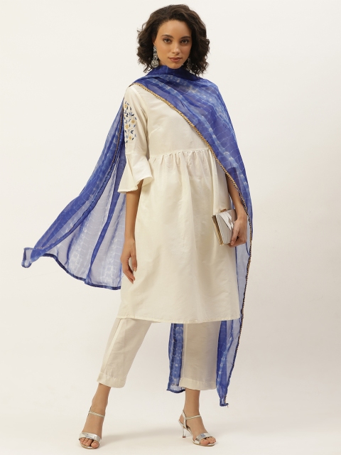 

Anouk Women Off White & Blue Solid Thread Work Kurta with Trousers & With Dupatta
