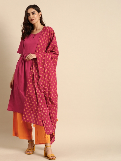 

Anouk Women Pink & Orange Solid Kurta with Palazzos & Dupatta