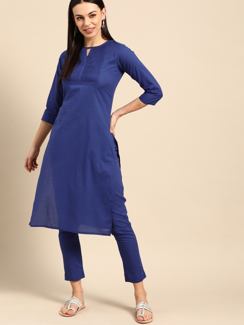 

Anouk Women Navy Blue Solid Pure Cotton Kurta with Trousers