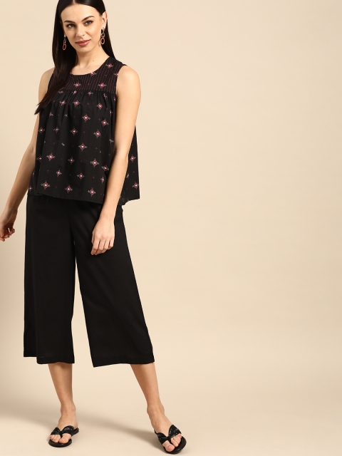 

Anouk Women Black & Pink Printed Pure Cotton Top with Palazzos
